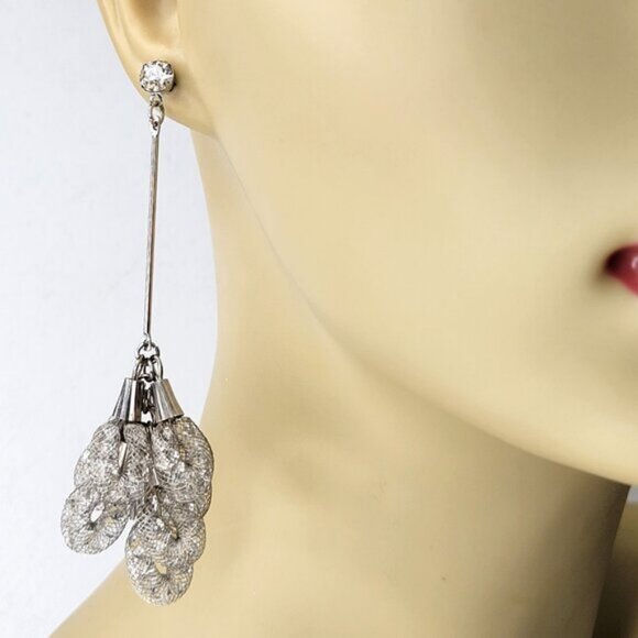 Silver Mesh Net Crystal Dangle Earrings - Picture 2 of 9